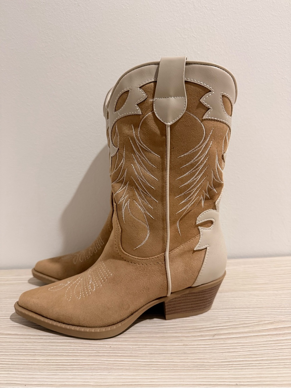 Studio F - Tan Suede Cowboy Boots with Cream Trim Size 36EUR/US 5.5 or 6
